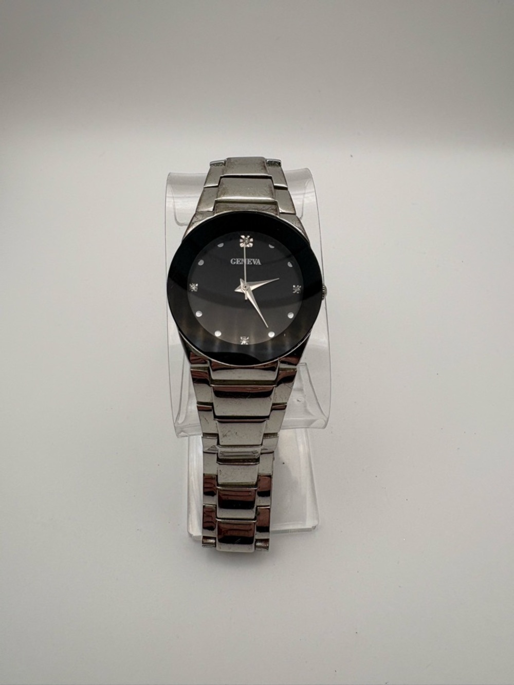 Geneva Black Dial Silver Bracelet Men's Watch New Battery Works